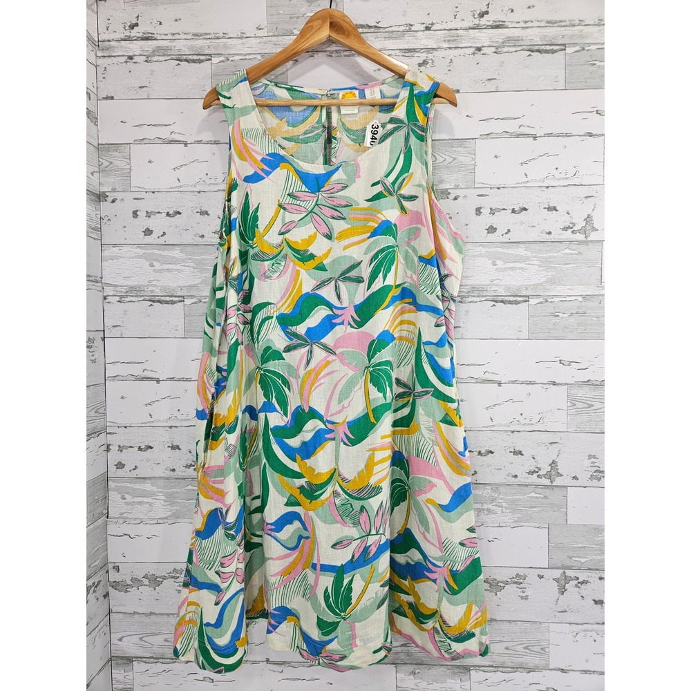 C&C California Women 1X Linen Tropical Palm Print Sleeveless Shift Dress Pockets
